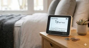 A detailed photorealistic close-up of a smart energy meter on a bedroom shelf, displaying a cost reading of '1p per hour' and 'Running Silentnight Blanket'. The bed textiles are softly blurred in the background under natural daylight.
