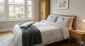 A detailed photorealistic 4K image of a made UK double bed in a cozy bedroom. The grey duvet is slightly folded back to show a fitted Silentnight electric blanket with two separate controllers resting on the pillows, emphasising the dual control feature for couples.