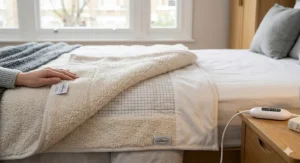 A detailed photorealistic close-up of a Silentnight electric blanket, showing the soft teddy fleece texture partially folded back to reveal the internal heating wires and a small 'Silentnight' tag. Natural light highlights the material, with the bed and blurred bedside table from the original scene in the background.