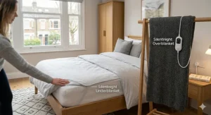 A 4K photorealistic image of a UK double bed in a cozy bedroom with natural daylight. The right side shows a fitted Silentnight electric underblanket spread on the sheet, while a charcoal grey heated overblanket hangs on a rail next to the bed, illustrating the difference between the two products.
