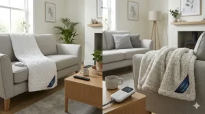 A lifestyle photo comparing a Silentnight luxury fleecy heated throw and a Dreamland luxury faux-fur warming throw draped over a living room sofa.