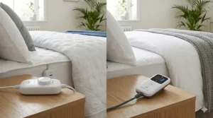 Close-up of the dual control temperature remotes for the Silentnight Yours and Mine blanket next to the Dreamland Intelliheat digital controller.