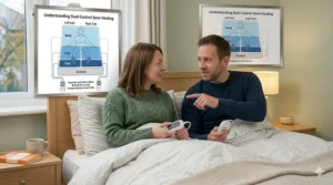 Close-up of the BEAB approved safety mark and UKCA label on a dual control electric blanket.
