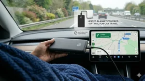 An illustration of a passenger in a car using a USB heated blanket plugged into the vehicle's USB port.
