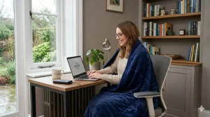 An illustration of a remote worker using a USB heated blanket over their lap while working at a desk.
