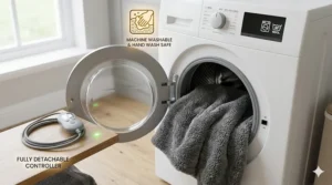 A grey heated fleece throw being placed into a front-loading washing machine, showing the fully detachable controller on a nearby surface.