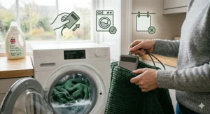 Alt text for image 7: A graphic showing the rechargeable heating element being removed before placing the blanket into a standard UK washing machine.