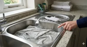 Detailed photorealistic close-up photograph in a utility room showing the grey fleece electric blanket inside an open washing machine drum, with the detached coiled power cord and control unit sitting safely on the counter beside it.