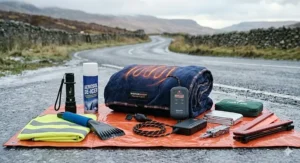 A car heated blanket included as part of a roadside emergency kit alongside a torch and de-icer.