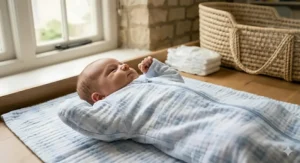 A baby in an arms-up swaddle sleep bag for natural comfort.