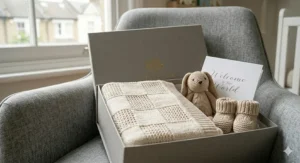 Close-up of a premium newborn blanket gift set inside an open box, showcasing the textured weave of the baby blanket.