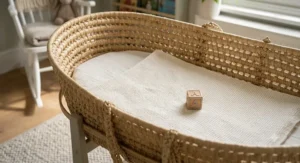 Close-up of a soft, breathable cotton fitted sheet inside a wicker Moses basket.