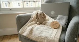 A high-angle view of a personalised newborn blanket gift set, perfectly arranged on a nursery chair for a baby shower gift.