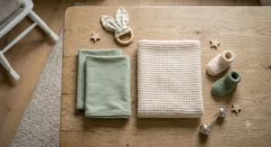 Flat lay of a Moses basket blanket and sheet set arranged neatly on a nursery table.