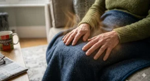 Close-up of an elderly person's hands resting on a heated blanket to ease joint stiffness.