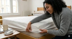 Visual representation of how a fitted electric blanket hugs the corners of a UK mattress, preventing movement during the night.