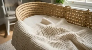 Texture detail of a cellular blanket layered over a newborn Moses basket mattress.