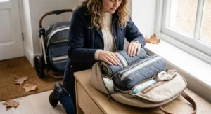 4K photorealistic image showing a mother neatly folding and packing the compact, matching pram blanket and footmuff set into a canvas changing bag for storage.
