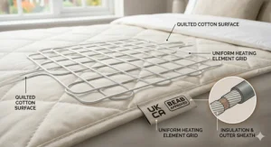 A diagrammatic illustration set in the bedroom showing secure corner straps, laying the blanket flat and smooth, and correct positioning of the connector point and power cord.