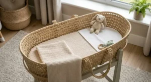 A fully dressed Moses basket featuring a coordinating blanket and fitted sheet.