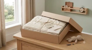 A cosy newborn sleeping under a cable-knit moses basket blanket in a wicker moses basket.