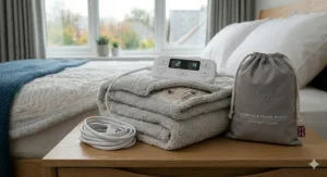 A warm, inviting bed made up with a silent electric blanket for a restful night.