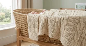 A soft, cream-coloured knitted moses basket blanket draped neatly inside a wicker moses basket in a peaceful nursery. knitted moses basket blanket