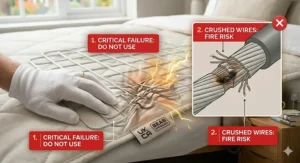A close-up educational illustration visualising internal wear with damaged insulation and wire arcing, indicating critical failure and the immediate need to replace.