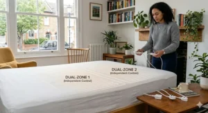 An illustration explaining how dual-control electric blankets work for couples with different warmth preferences in a double or king-size bed.