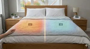 Illustration of a double bed with dual-zone heat controls for personalised comfort.