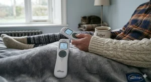 Hand holding a simple, illuminated digital controller for an electric blanket with clear heat settings.