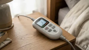 Close-up of an easy-to-use controller on a mid-range electric blanket with multiple heat settings.