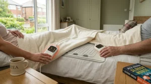 Illustration of an electric blanket with 9 heat settings and dual controls for couples.