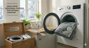An electric blanket neatly folded on a shelf, showing correct storage to protect internal wiring.