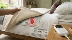 Safety icon highlighting the overheat protection system in a 9-heat-setting blanket.