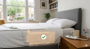 Helpful diagram showing the correct placement of power cables when fitting an electric blanket to ensure safe usage on a bed.