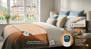 An infographic illustrating safety features like the UKCA mark, a digital timer with 'Timer Active' display, and advanced overheat protection on an electric blanket.