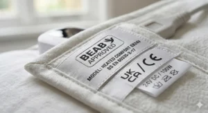 Close-up of safety certification labels, including the BEAB approved mark, found on a safe electric blanket.