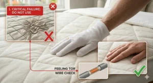 A detailed educational close-up visualisation of an electric blanket that has severe creasing and a melted wire, clearly illustrating a critical failure and recommending the blanket is discarded immediately.
