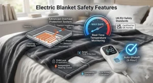 Infographic highlighting overheat protection and auto-shutoff safety features on a grey electric blanket.