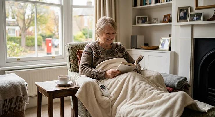 An elderly person feeling warm and comfortable under a premium electric blanket for a single pensioner. electric blanket for single pensioner