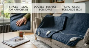 Comparison of different electric blanket sizes suitable for armchairs and sofas.
