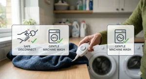 Illustration of detaching the controller before a gentle machine wash.