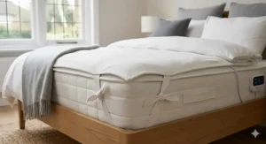 Close-up of digital controls on an energy-efficient electric blanket, showing temperature and timer settings.