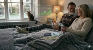 Graphic showing energy-saving benefits of using an electric blanket in a cold bedroom.