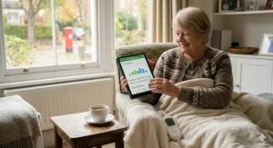 Energy-efficient electric blanket for a single pensioner being used in a cosy UK living room.
