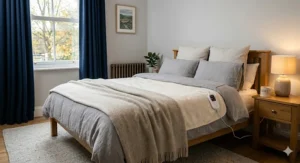 The energy-saving electric blanket fitted securely onto a UK standard double bed for optimal warmth, featuring a cosy mug on the bedside table.