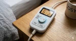 Close-up of an easy-to-use digital controller for an energy-saving electric blanket with timer settings displayed on the screen.