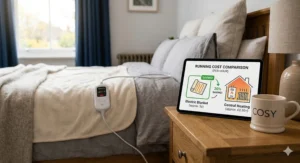 A graphic displayed on a tablet showing the low running cost per hour of an energy-saving electric blanket compared to central heating.