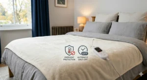 Photorealistic close-up featuring icons highlighting the overheat protection and automatic shut-off safety features of the energy-saving electric blanket.